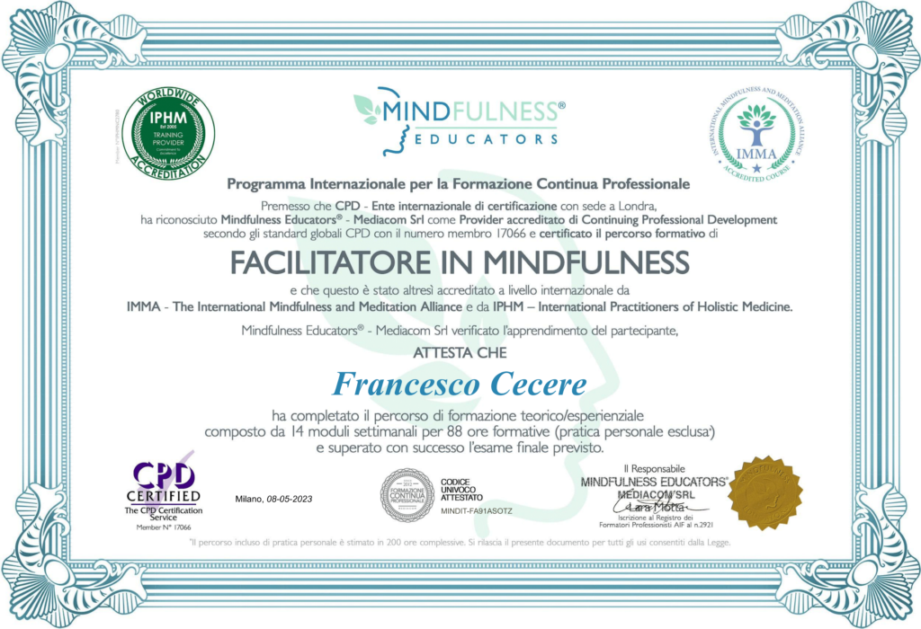 Attestato facilitatore mindfulness dott. francesco cecere